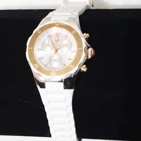 Michele Jelly Bean Tahitian Gold Bezel White Silicone Strap Chronograph Watch - Picture 2 of 3